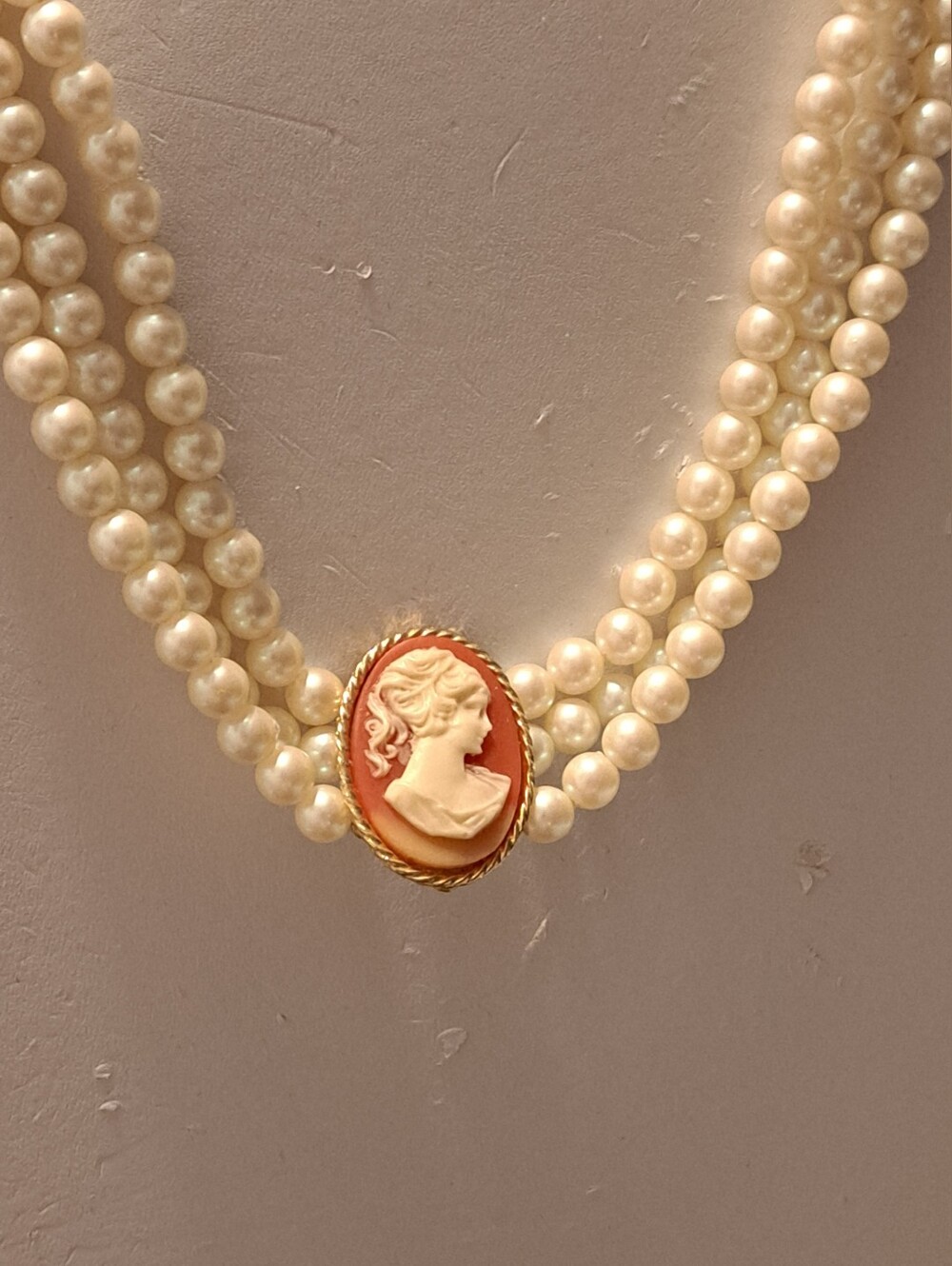 Classic Pearl Triple-Strand Choker Necklace with Coral Cameo Center